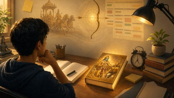 Student study desk with Bhagavad Gita lessons for focus discipline and confidence