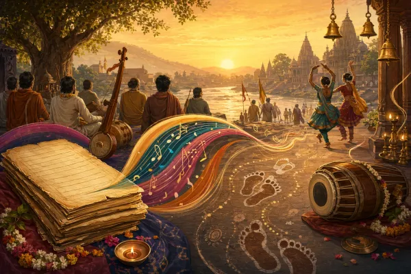 Editorial illustration for How the Bhakti Movement Shaped Indian Languages, Music, and Dance: Impact on Indian languages, music, and dance through concrete cultural forms.