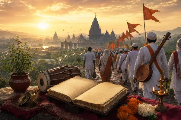 Editorial illustration for Bhakti Movement in Maharashtra: Varkari Tradition, Abhangs, and Saints: Maharashtra Bhakti, Varkari tradition, abhangs, and pilgrimage energy.