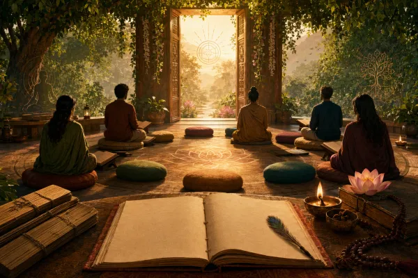 Symbolic Upanishads illustration with inclusive study circle shown through diverse empty seats, open blank manuscript, soft lamp, lotus threshold, and warm welcoming doorway.