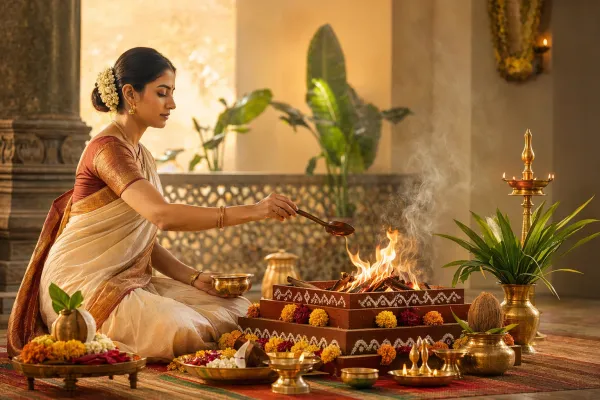 Woman respectfully performing yajna beside a sacred fire in a home-style ritual setting with offerings and lamps.