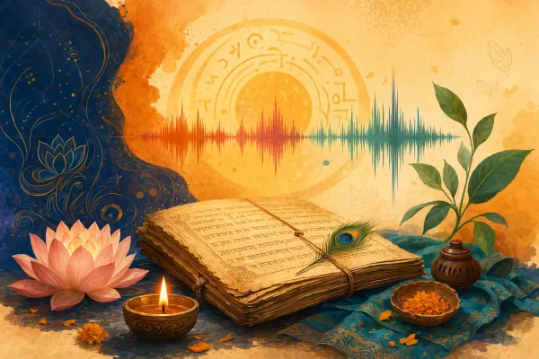 Symbolic Bhaktilipi feature illustration for Daily Sanskrit Words and Simple Phrases You Already Know, using Sanskrit learning motifs and respectful cultural design.