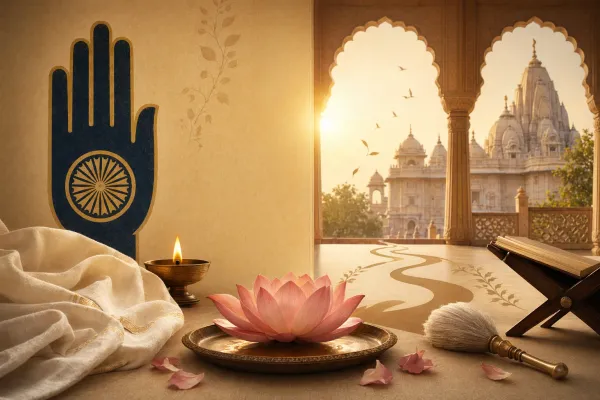 Jain worship illustration with ahimsa hand symbol, lamp, scripture-like objects, temple setting, and calm devotional atmosphere.
