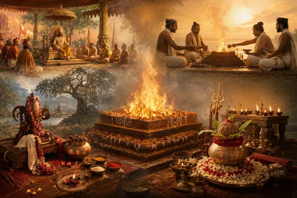 Composite yajna illustration with sacred fire, offerings, royal and devotional symbols for famous yajnas in Hindu stories.