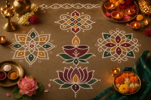 Editorial illustration for Festival Kolam Guide: Deepavali, Karthigai Deepam, Friday, and New Year: a concrete article-specific Indian cultural editorial scene for Festival Kolam Gui...
