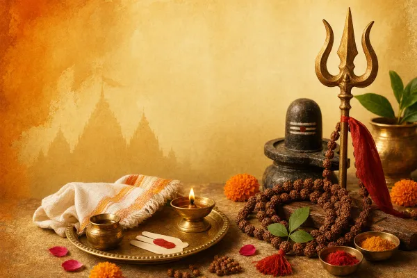 Hindu protection symbols illustration with tilak, rudraksha, trishul, Om, lamps, yantra, and puja items in a respectful devotional setting.