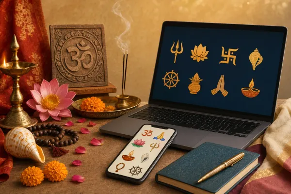 Hindu symbols online illustration with laptop, phone, Om, lotus, lamp, digital icons, respectful cultural design, and clean interface.