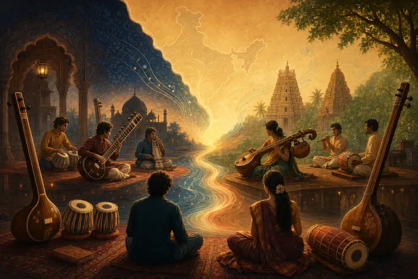 Editorial illustration for Hindustani vs Carnatic Music: North and South Indian Classical Music Explained: Hindustani and Carnatic traditions shown as distinct but related streams of...