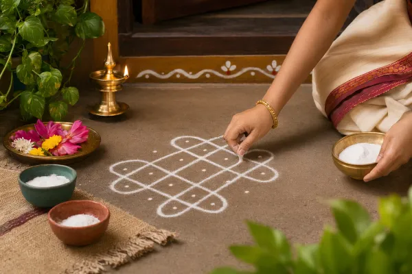 Editorial illustration for How to Draw Kolam for Beginners: Simple First Steps: a concrete article-specific Indian cultural editorial scene for How to Draw Kolam for Beginners: Simpl...