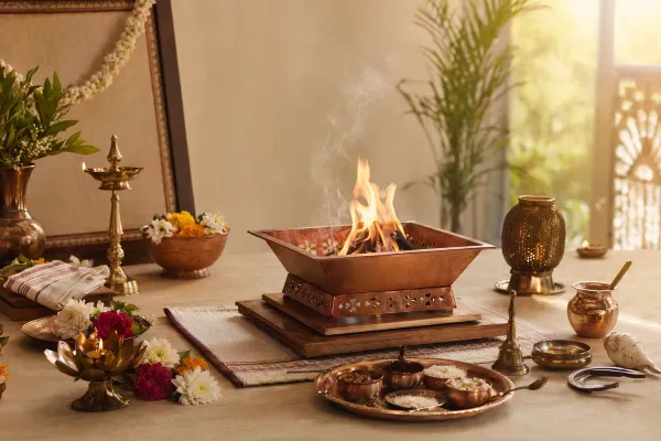 Respectful yajna fire altar scene with offerings and Indian ritual setting for How to Perform a Simple Yajna at Home Safely: Beginner Guide and Boundaries.