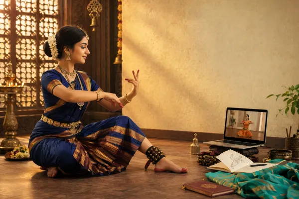 Beginner Indian classical dance student practising with ghungroos, notebook, and laptop class setup for learning dance through classes and regular practice.