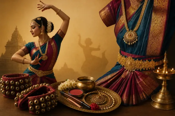 Classical dance costume elements including ghungroos, jewellery, flowers, makeup, and a traditionally dressed dancer for a beginner guide to Indian dance stage presentation.
