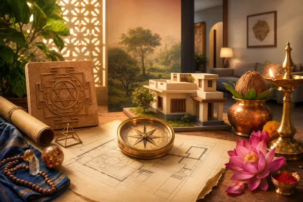 Balanced Vastu Shastra illustration with a home model, compass, thoughtful symbols, and calm logic-versus-belief visual elements.