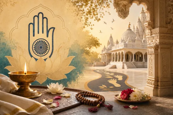 Jain symbols and pilgrimage illustration with ahimsa hand, temple, path, lamps, offerings, and peaceful devotional setting.