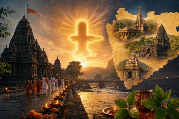 Respectful Shiva temple and Jyotirlinga pilgrimage illustration for Jyotirlingas in Maharashtra: Names, Locations, and Why They Are Important.