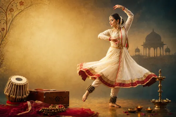 Kathak dancer in white costume with ghungroo performing a graceful spin beside tabla and harmonium in a North Indian classical setting.
