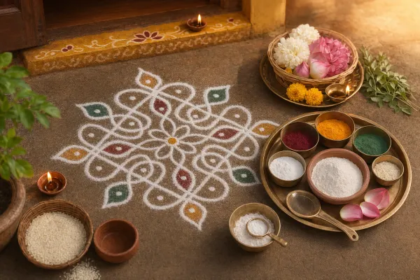 Editorial illustration for Kolam Powder, Rice Flour, Colours, and Flowers: What Is Kolam Made Of?: a concrete article-specific Indian cultural editorial scene for Kolam Powder, Rice...