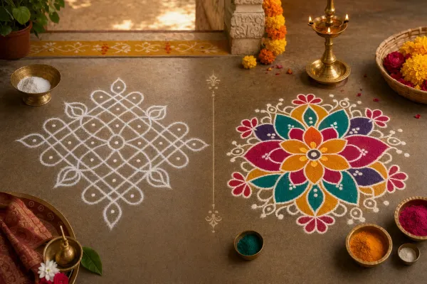 Editorial illustration for Kolam vs Rangoli: What Is the Difference?: a concrete article-specific Indian cultural editorial scene for Kolam vs Rangoli: What Is the Difference?, roote...