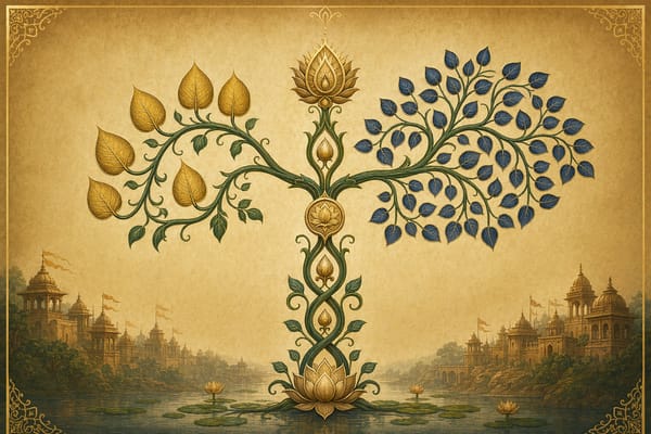 Lotus-vine family tree on parchment with two clean branching clusters and palace silhouettes representing Pandavas, Kauravas, and the Kuru lineage.