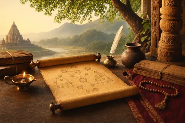 Nirukta Vedanga: How Ancient India Explained Word Meanings illustration with manuscripts, lamp, and Indian learning symbols.