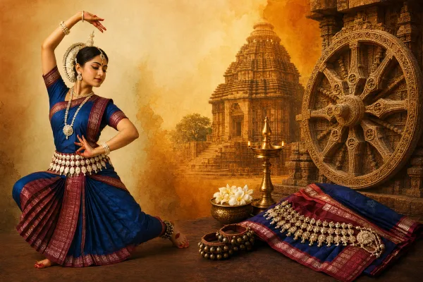 Classical dancer in a temple-inspired setting with ornate costume and decorative wheel motif.