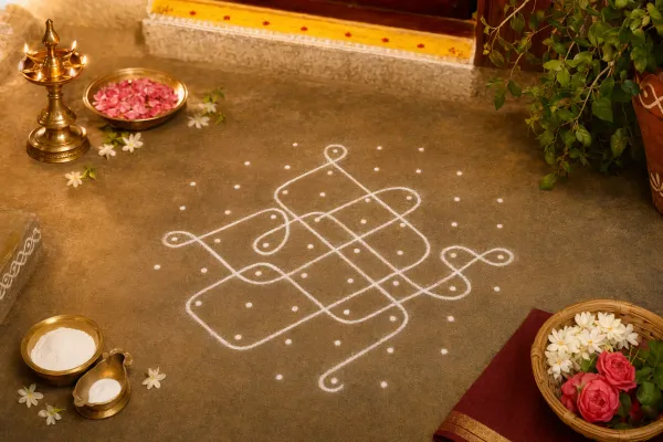 Editorial illustration for Pulli Kolam Explained: Dots, Lines, and Simple Patterns: a concrete article-specific Indian cultural editorial scene for Pulli Kolam Explained: Dots, Lines...