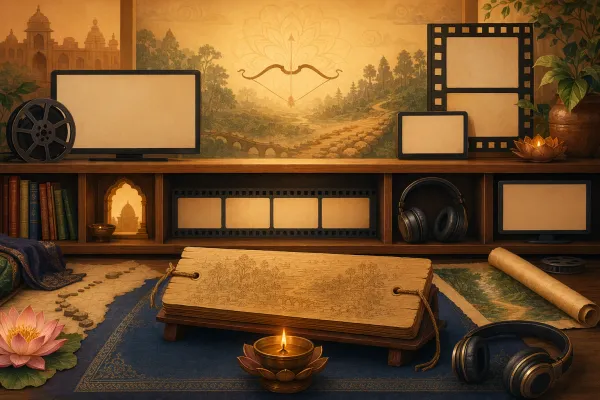 Modern media shelf with blank screens, film-strip shapes, headphones, and a palm-leaf manuscript lamp for Ramayana adaptations.