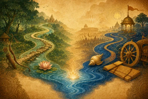 Two symbolic epic rivers on parchment, one with Ramayana motifs and one with Mahabharata motifs, meeting in a shared cultural ocean.