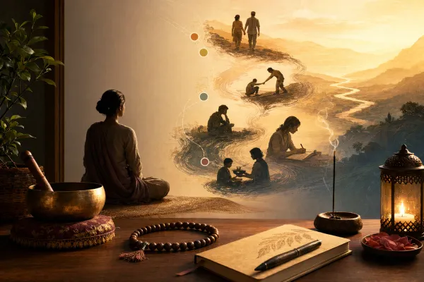 Meditative person surrounded by symbolic impressions of habits, memories, actions, and inner patterns.