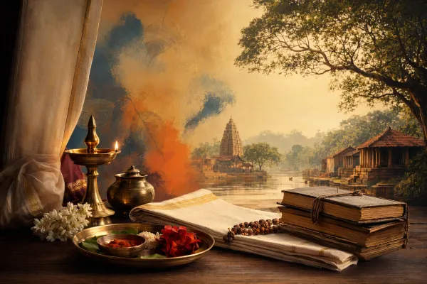 Editorial illustration for U. R. Ananthamurthy’s Samskara with Kannada literary mood, books, ritual setting, and reflective social tension.
