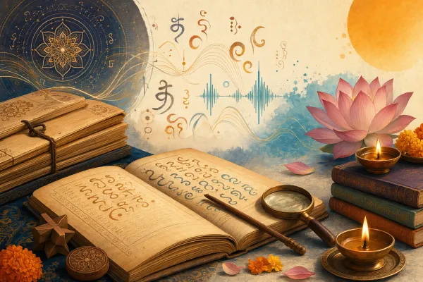 Symbolic Bhaktilipi feature illustration for Sanskrit Dictionary and Translation Guide: How to Use Them Safely, using Sanskrit learning motifs and respectful cultural design.