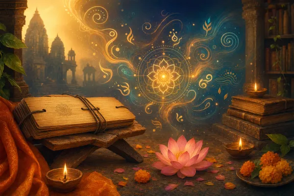 Symbolic illustration of Sanskrit heritage with a palm-leaf manuscript, glowing sound mandala, lotus petals, diyas, and a quiet temple-library silhouette.