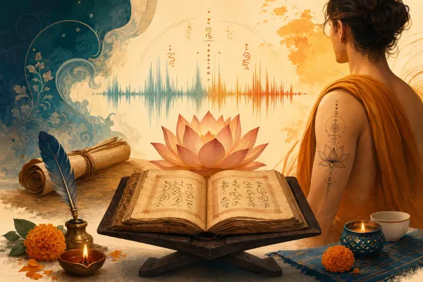 Symbolic Bhaktilipi feature illustration for Sanskrit Names, Quotes, and Tattoos: How to Choose the Right Meaning, using Sanskrit learning motifs and respectful cultural design.