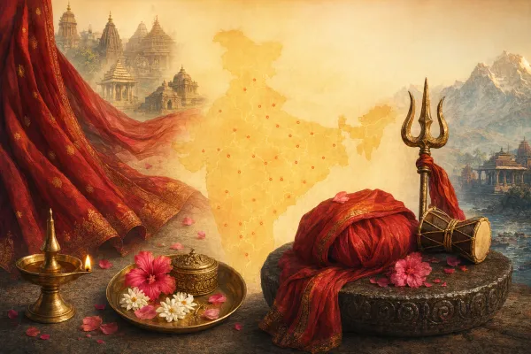 Illustration of Shakti Peeth sacred geography with Devi worship symbols, temple lamps, trishul, and a map-like devotional setting.