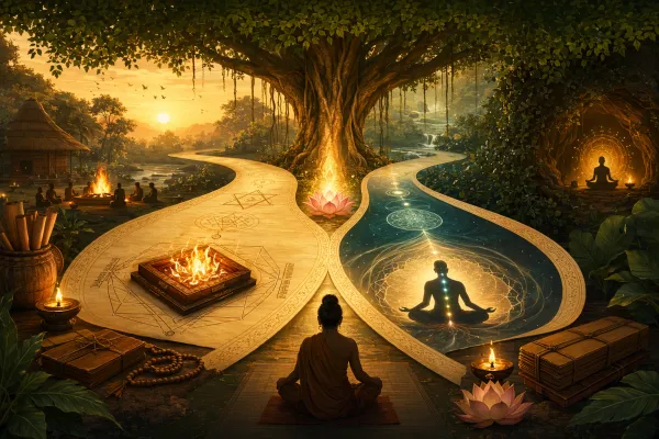 Symbolic Upanishads illustration with two connected parchment streams, one with Vedic fire geometry and one with inner meditation lamp, meeting under a shared sacred-tree canopy.