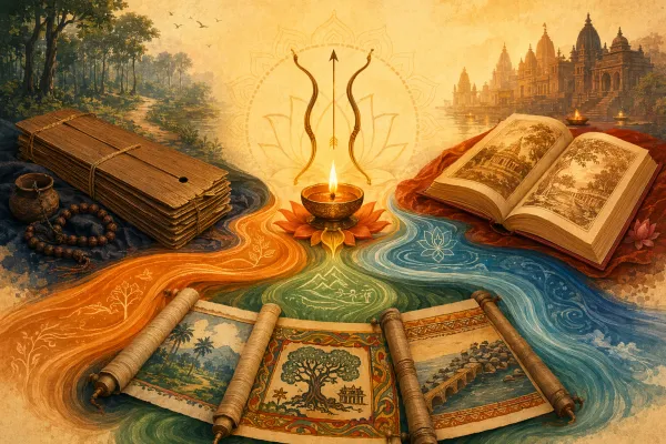 Palm-leaf, devotional book, and regional scroll streams flowing around a lamp, representing Valmiki Ramayana, Ramcharitmanas, and regional versions.
