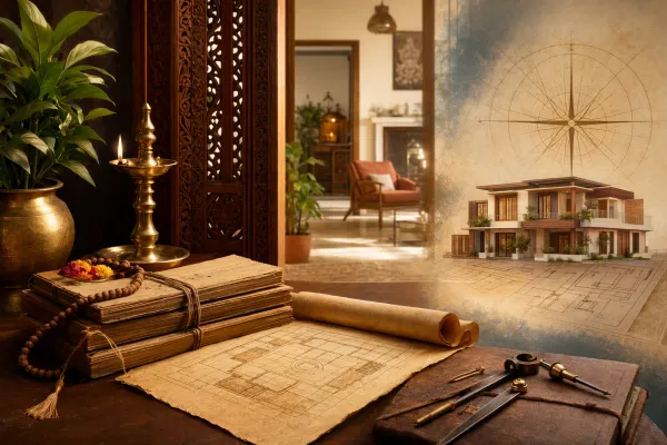 Ancient Vastu Shastra history illustration with palm-leaf manuscripts, building plans, measuring tools, and temple architecture motifs.