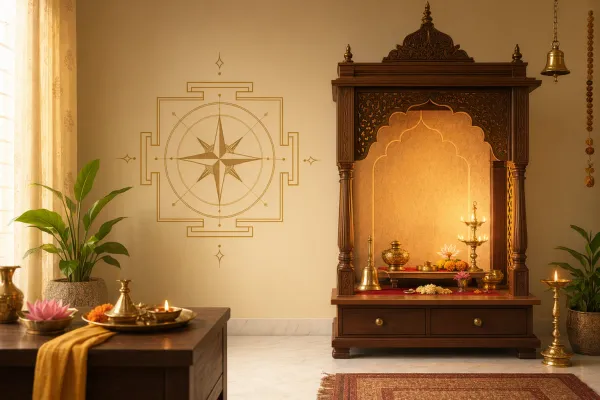 Home puja room Vastu illustration with a small temple, diya, flowers, clean shelf, compass, and respectful Indian home setting.