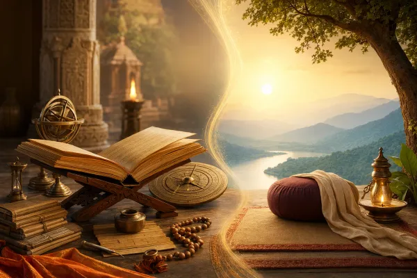 Vedanga vs Vedanta: What Is the Difference? illustration with manuscripts, lamp, and Indian learning symbols.