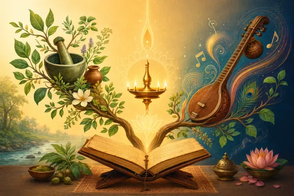 Healing leaves and music strings growing as two branches from a Vedic manuscript, showing Ayurveda and music links.