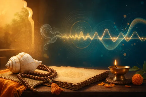 Conch shell, mala beads, breath circles, and sound waves glowing above parchment, symbolizing respectful Vedic mantra chanting.