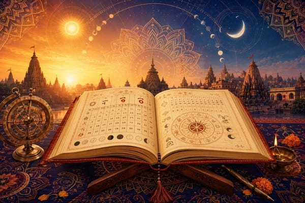 Vikram Samvat calendar concept with sun, moon, temple silhouette and traditional Indian calendar pages