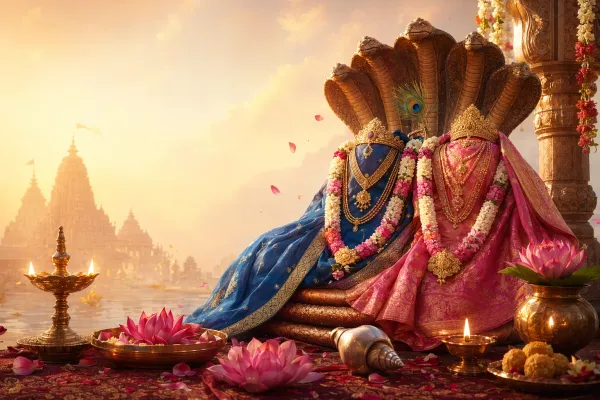 Respectful Vishnu and Lakshmi illustration with lotus, conch, chakra, lamp, and auspicious temple symbolism.