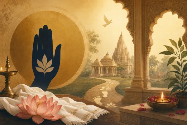 Jainism beginner illustration with ahimsa hand symbol, lotus, temple forms, soft light, and calm Indian spiritual setting.