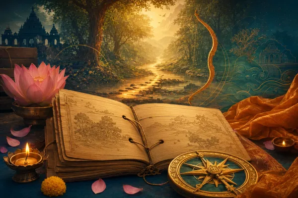 Symbolic illustration of an open Ramayana manuscript with a forest path, bow-shaped arc, lotus petals, diyas, and a dharma compass.