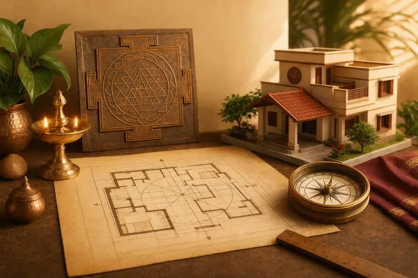 Vastu Shastra beginner illustration with a home plan, compass, lamp, and Indian design elements.