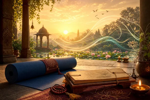 Symbolic yoga illustration showing a calm ashram courtyard at sunrise with a rolled yoga mat, lotus pond, palm-leaf manuscript, and flowing breath-like light lines.