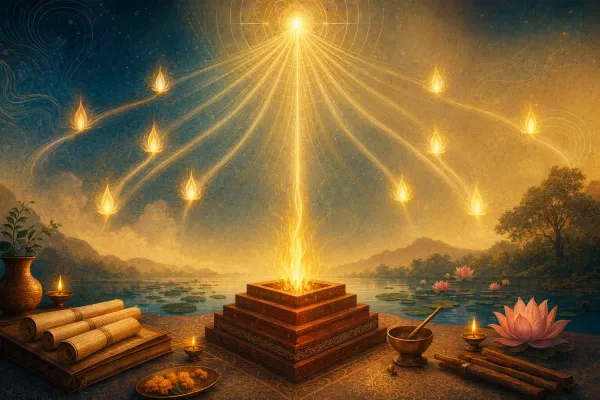 One golden light refracted into many flame-like forms over a Vedic fire altar and lotus pond, representing Vedic ideas about the divine.