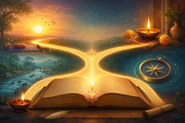 Open manuscript sending pathways to symbols of discipline, gratitude, harmony, and truth as simple Vedic life lessons.