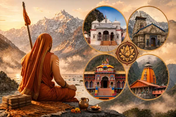 Adi Shankaracharya and Char Dham history illustration with a monk figure, four shrine symbols, manuscripts, and sacred map motifs.